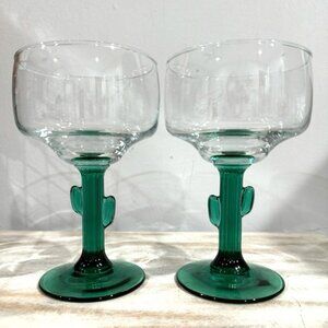 Set Of 2 Vintage Libbey Cactus Green Stemmed Margarita Glasses Western Boho